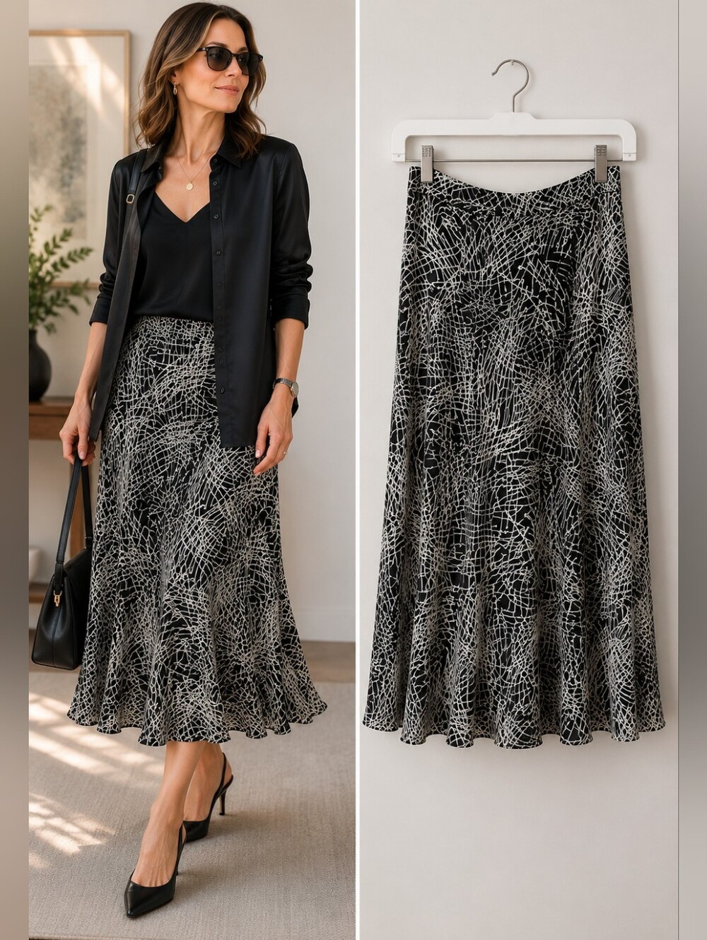 Jones New York 100% Silk Abstract Black Ivory A-Line Midi Skirt Size 12